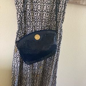 Vintage Whiting and Davis Navy metal mesh and leather crossbody purse